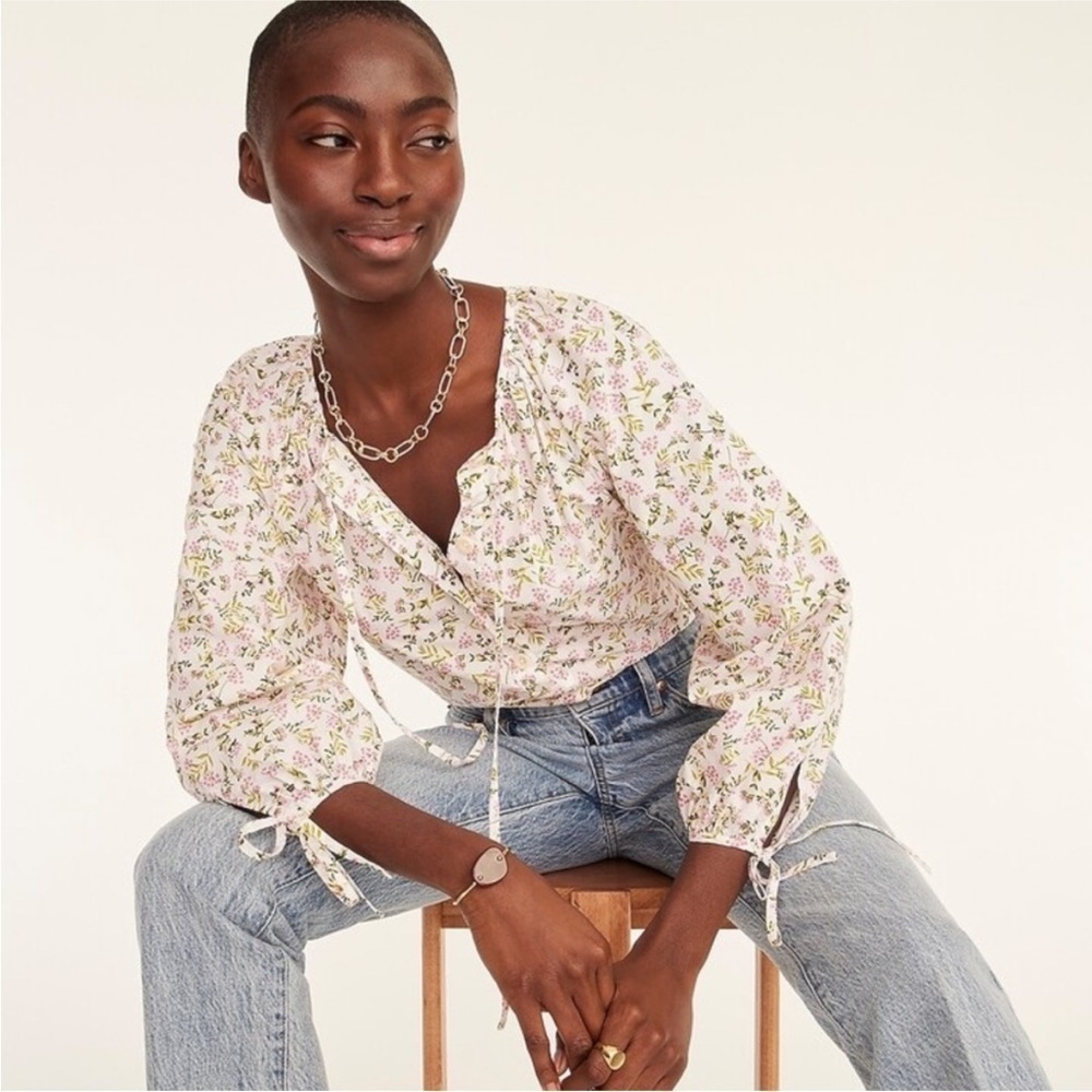 J. Crew Pink Floral Tie-Sleeve Peasant Top